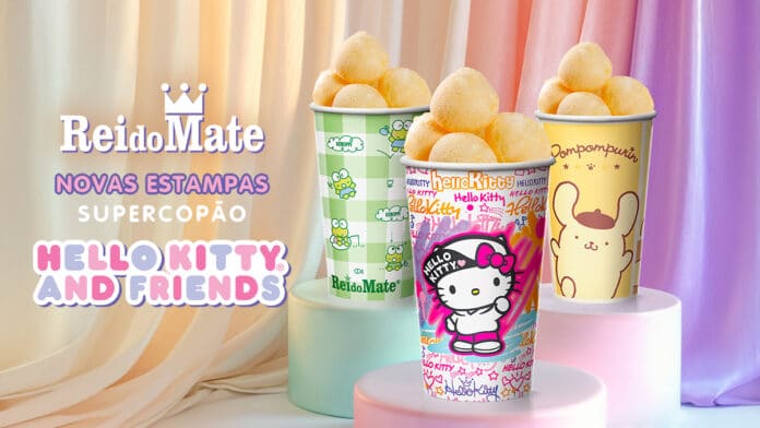 Copos SuperCopão Rei do Mate com novas estampas Hello Kitty and Friends e personagens, em fundo colorido e balões