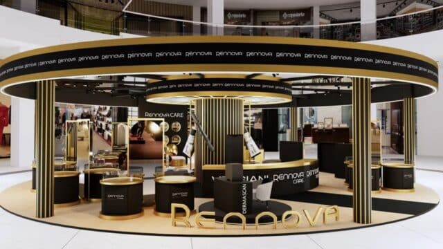Banner da Pop-up Store Rennova no Shopping Flamboyant, em Goiânia, com cenário tecnológico e decoração dourada