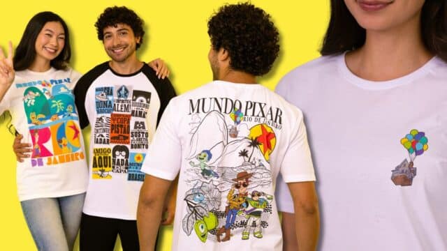 Três pessoas vestindo camisetas da exposição Mundo Pixar no Rio de Janeiro, com estampas de personagens e elementos icônicos.