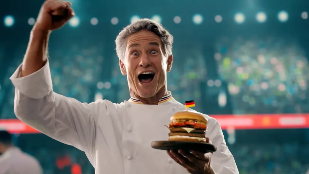 Chef animado comemorando com um hambúrguer em uma mão, em um ambiente de estádio lotado.