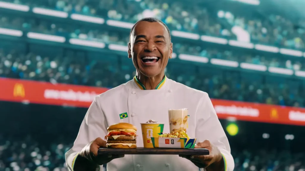Homem sorridente vestindo um uniforme de chef, segurando um prato com um lanche e um copo de bebida, em meio a um estádio lotado.