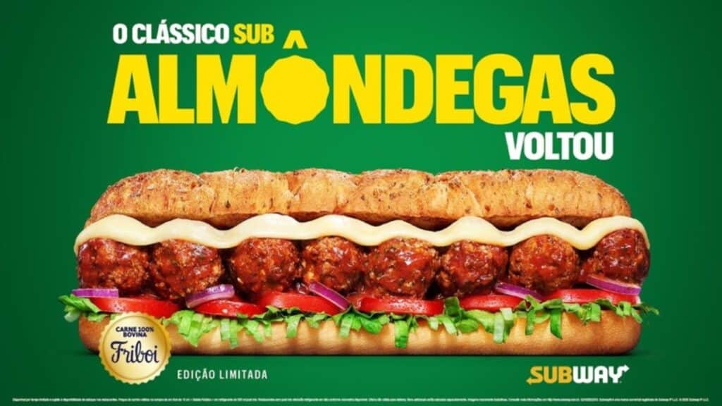 Banner Subway com sanduíche de almôndegas e texto “O CLÁSSICO SUB A ALMÔNDEGAS V O L T O U”, edição limitada