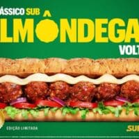 Banner Subway com sanduíche de almôndegas e texto “O CLÁSSICO SUB A ALMÔNDEGAS V O L T O U”, edição limitada