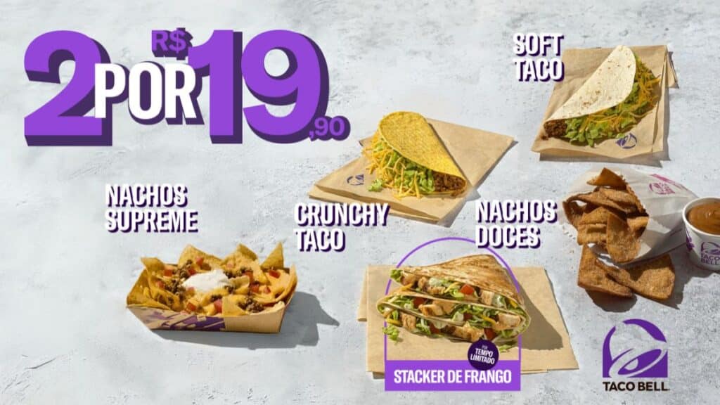 Taco Bell lançamento: 2 por R$19,90 e Stacker de Frango Arte promocional da Taco Bell com oferta 2 por R$19,90 e opções como Nachos Supreme e Stacker de Frango.