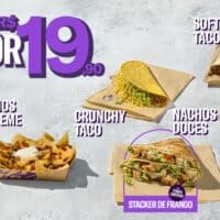 Arte promocional da Taco Bell com oferta 2 por R$19,90 e opções como Nachos Supreme e Stacker de Frango.