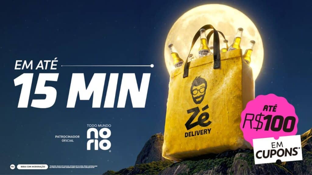 Banner do Zé Delivery no Todo Mundo no Rio com bolsa, banner “Até 15 min” e “R$100 em cupons”.