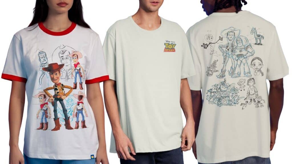 Três camisetas brancas com ilustrações de Toy Story, incluindo personagens e desenhos no estilo original.