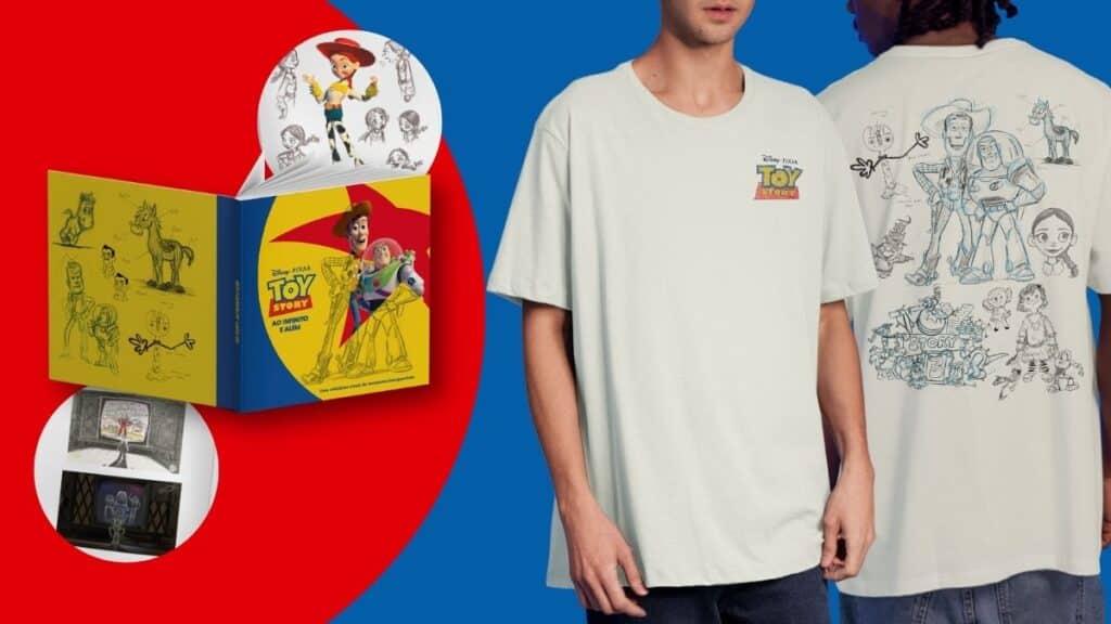 Pessoas vestindo camisetas com estampas de Toy Story, ao lado de uma imagem da exposição no fundo azul e vermelho.