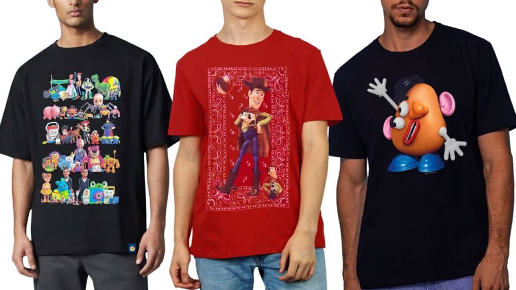 Três camisetas temáticas de Toy Story com estampas dos personagens, em variações de cores preta, vermelha e azul-marinho.