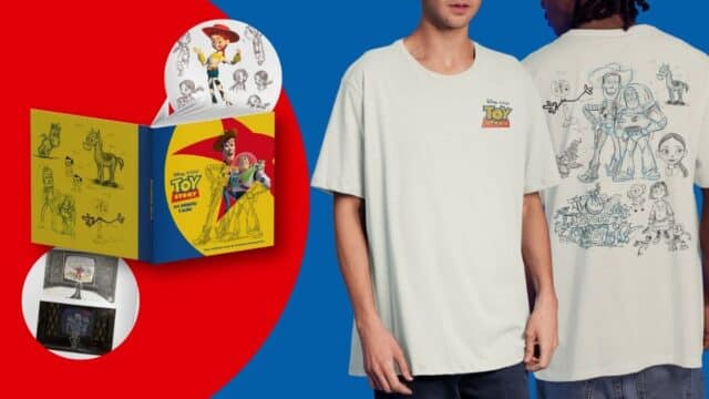 Pessoas vestindo camisetas com estampas de Toy Story, ao lado de uma imagem da exposição no fundo azul e vermelho.