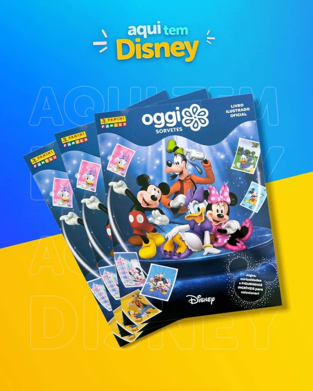 Capa do álbum de figurinhas Disney da Oggi Sorvetes, com personagens Mickey, Minnie e outros em fundo azul