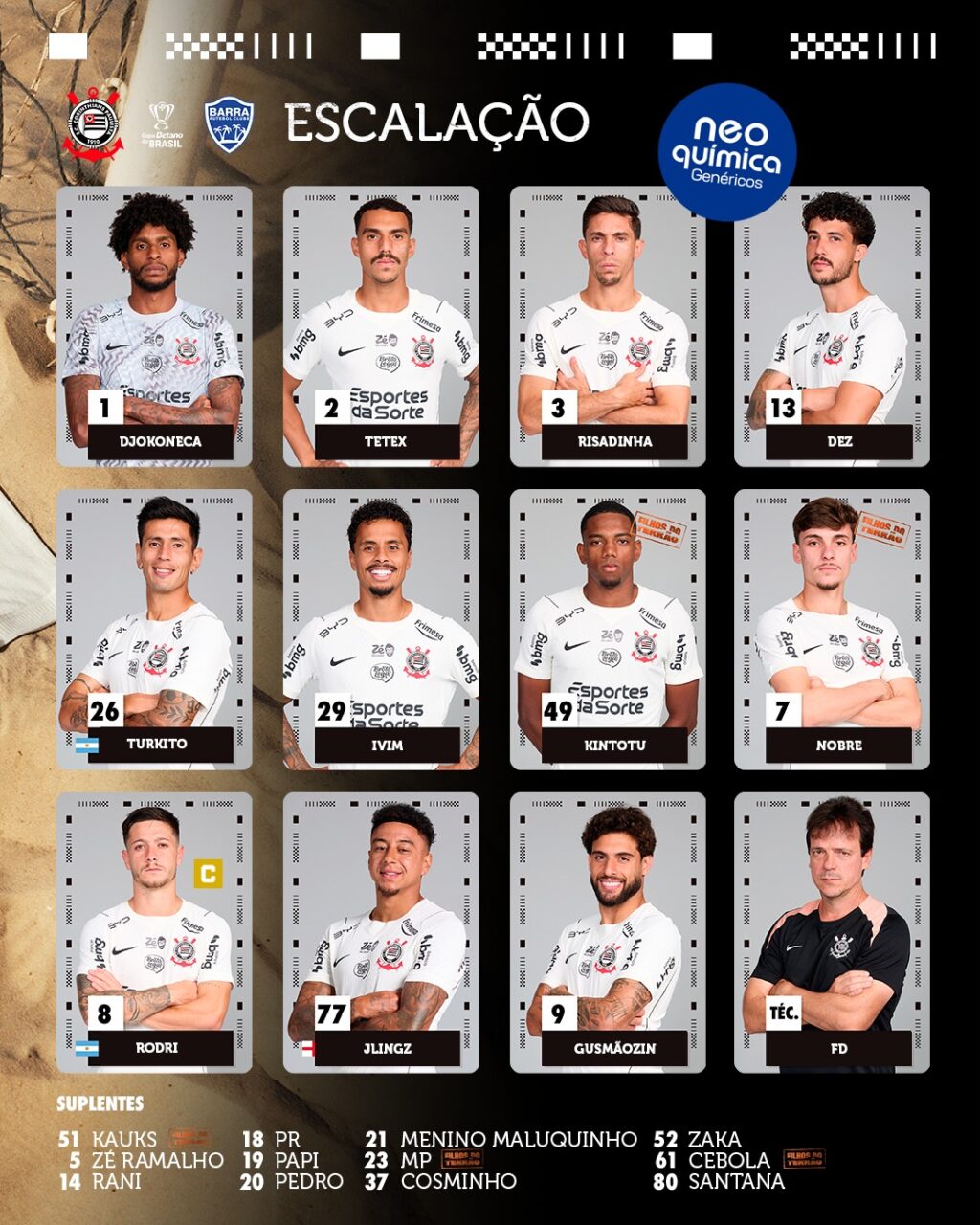 Camisas do Corinthians com nomes genéricos e parceiros da Hypera Pharma em escalação para jogo contra o Barra - SC