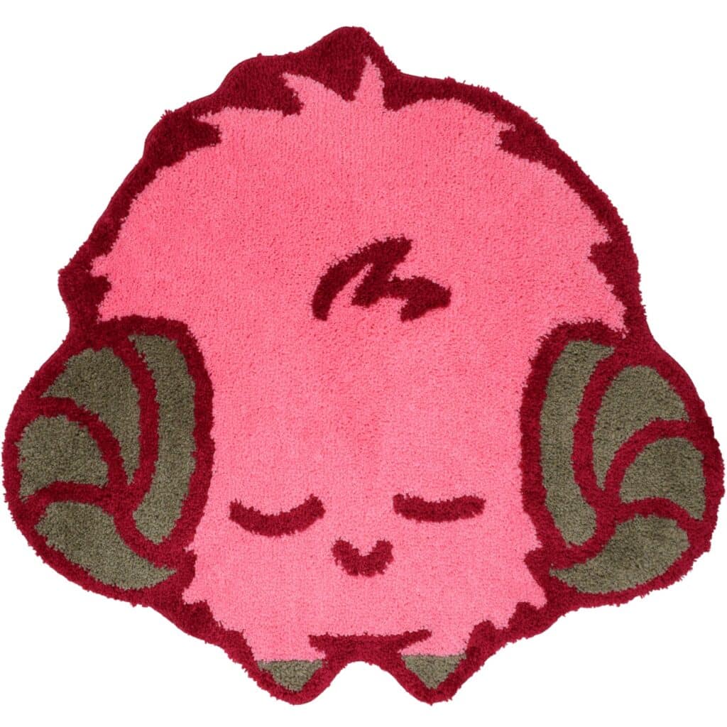 Pelúcia rosa em formato de monstro com olhos e braços, estilo anime, em fundo branco