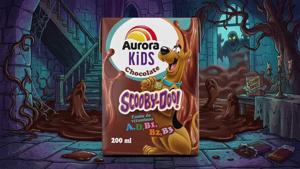 Embalagem do Achocolatado Aurora Kids Scooby-Doo, com texto “Scooby-Doo” e “Fonte de vitaminas A, D, B1, B2, B3”, 200 ml.