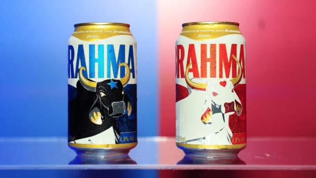 Duas latas Brahma temáticas do Festival de Parintins 2026, com ilustrações diferentes e ano 2026 visível.