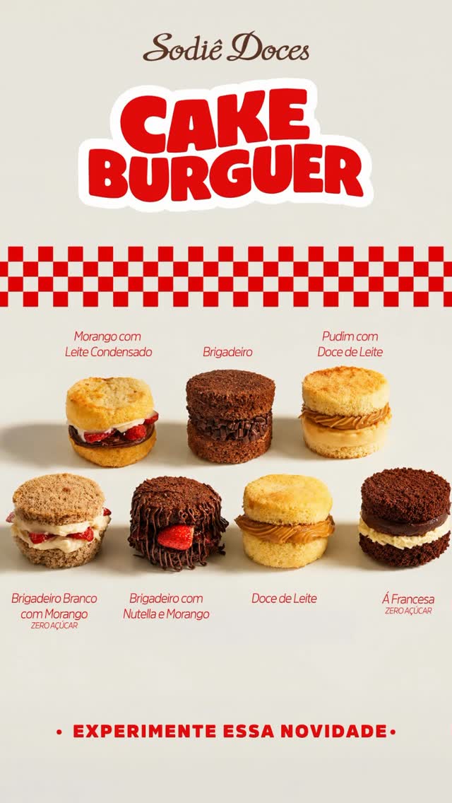 Cartaz Sodiê Doses com a linha Cake Burger e opções como Morango com Leite Condensado, Brigadeiro e Doce de Leite.