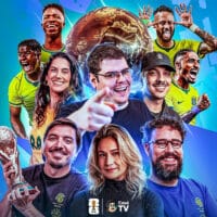 Caze TV e Amazon Prime com atletas e bola de futebol em arte promocional da Copa do Mundo FIFA 2026