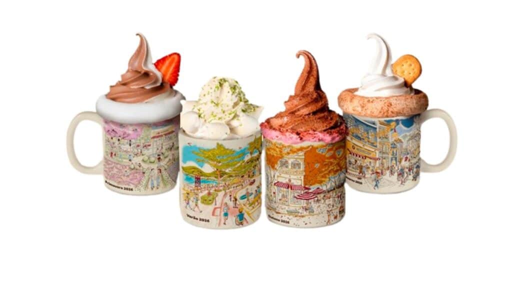Conjunto de canecas colecionáveis Chiquinho com temas coloridos e desenhos, incluindo detalhes de sorvete e colher