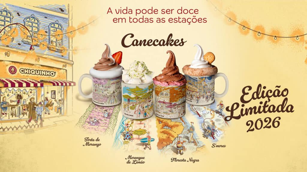 Imagem de divulgação da Chiquinho Canecakes: canecas colecionáveis Edição Limitada 2026 com sorvetes e sabores das estações.