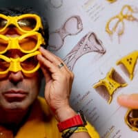 Homem segurando óculos amarelos em estilo do Canarinho, com fundo gráfico do lançamento Cimed e NJR Eyewear.