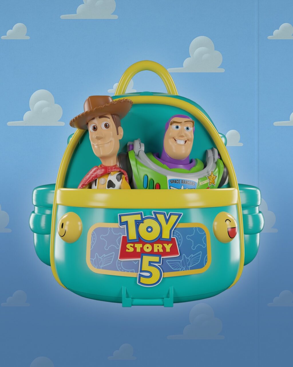 Balde de pipoca em formato de mochila da coleção Cinemark para Toy Story 5 com Buzz e Woody