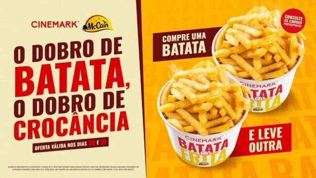 Arte promocional da Cinemark para o Dia da Batata, com balde de batata McCain e texto “O dobro de batata”.