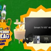 Campanha Corote Pedido Campeão com promoção para a Copa, mostrando produtos Corote e prêmios como TV e caixas JBL