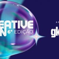 Banner do Creative Con 6ª edição com logo e apoiadores, com imagem de bolha colorida e fundo azul