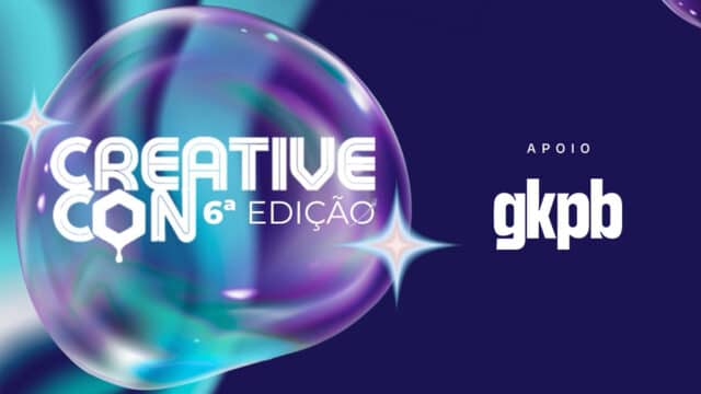 Banner do Creative Con 6ª edição com logo e apoiadores, com imagem de bolha colorida e fundo azul