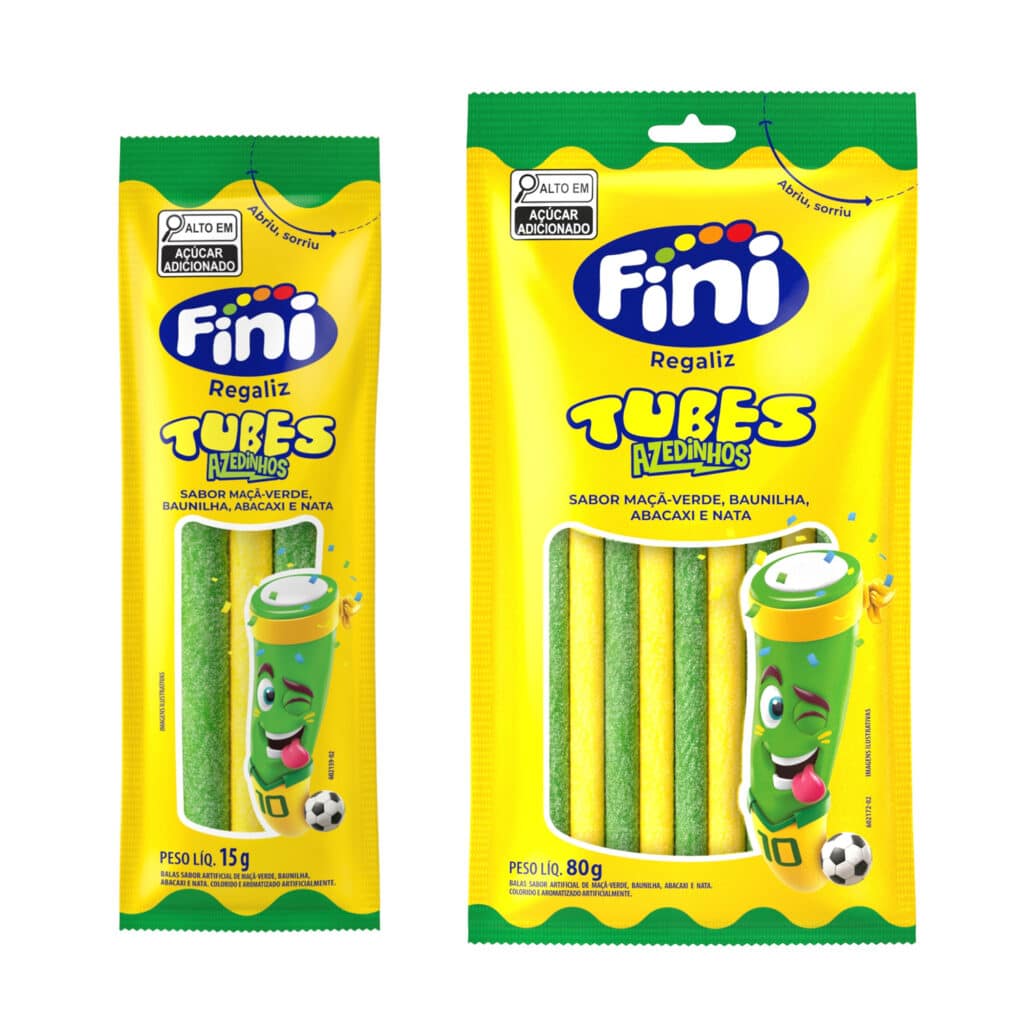 Embalagens de Fini Regaliz Tubes Azedinhos em edição verde e amarela de futebol, sabor abacaxi e maçã azedinha