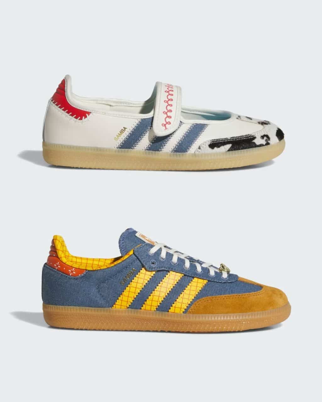 Par de tênis Adidas Samba com design inspirado em Toy Story 4, em branco e azul, com detalhes coloridos