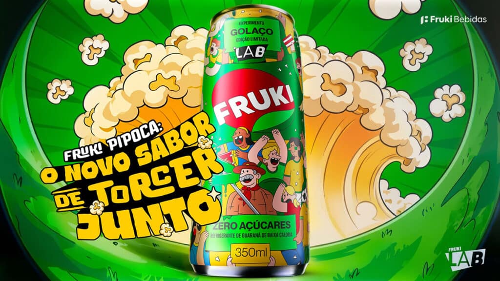 Fruki Pipoca: refrigerante sabor pipoca com guaraná (Fruki Lab) Imagem promocional da Fruki Pipoca, refrigerante zero açúcares sabor pipoca com guaraná edição limitada Fruki Lab.