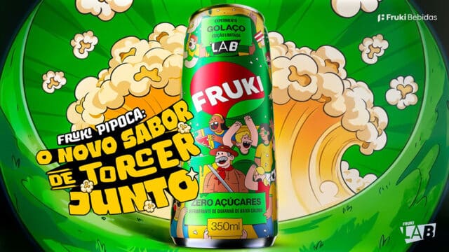 Imagem promocional da Fruki Pipoca, refrigerante zero açúcares sabor pipoca com guaraná edição limitada Fruki Lab.