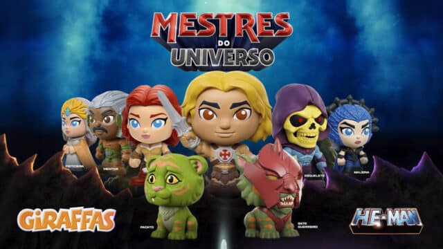 Arte promocional do Giraffas com personagens de Mestres do Universo e He-Man, com tema Giraffas HeMan.
