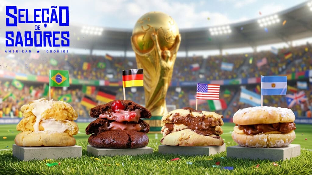 American Cookies “Seleção de Sabores” com cookies inspirados em Brasil, Alemanha, EUA e Argentina e troféu da Copa do Mundo ao fundo.