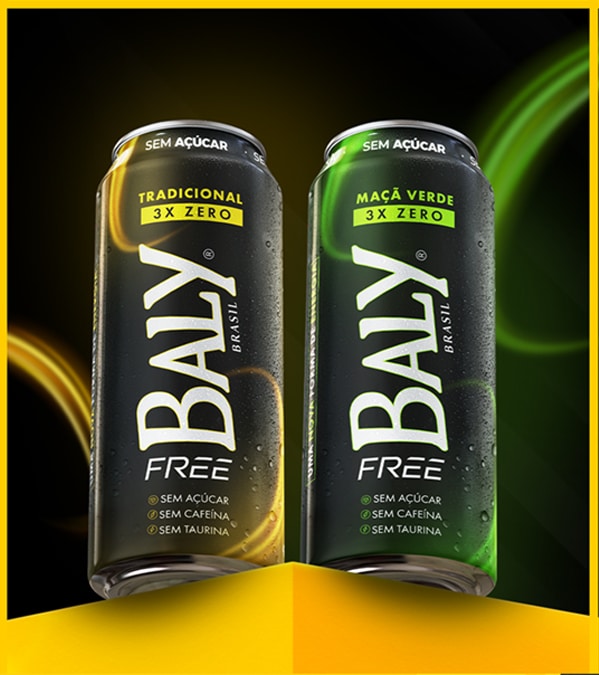 Latas do energético Baly Free 3x Zero sem açúcar: Tradicional e Maçã Verde, com rótulos em destaque.