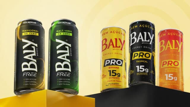 Latas Baly Free e Baly PRO (15g de proteína) em embalagens de energéticos, destacadas em fundo amarelo.