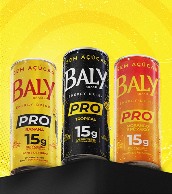 Latas do energético Baly PRO Sem Açúcar com 15g de proteína: Banana, Tropical e Morango e Pêssego.