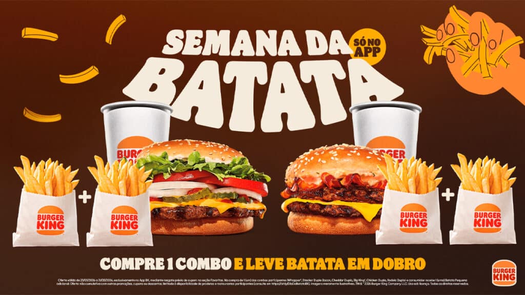 Imagem promocional do Burger King Semana da Batata: combos com batata frita em dobro pelo app.