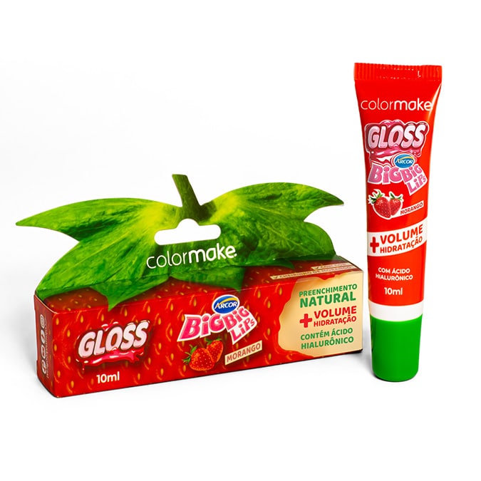 Conjunto de gloss Colormake Big Big Lips com morango e tubo de 10 ml, em embalagem vermelha e verde