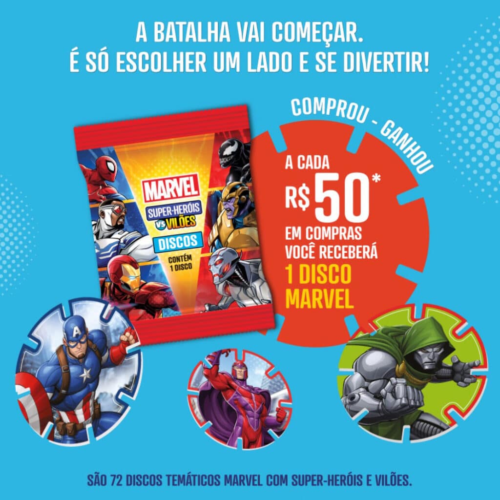 Anúncio da promoção Bistek Supermercados com tazo/“disco” Marvel: compre e ganhe R, com 1 disco Marvel.