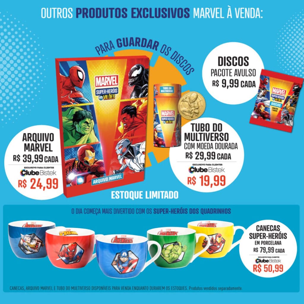 Arte promocional da Bistek com tazos e itens colecionáveis Marvel, como discos, tubo multiverso e arquivo Marvel