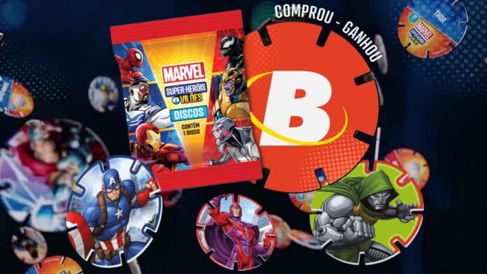 Embalagem e tazos colecionáveis da Marvel do Bistek Supermercados, com discos numerados e personagens dos heróis