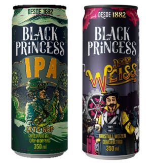Duas latas da cerveja Black Princess, sendo IPA e Weizen, com rótulos ilustrados para APAS Show 2026.