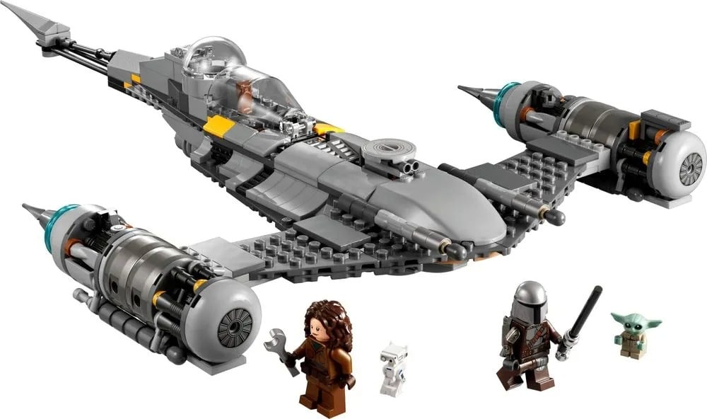 Conjunto LEGO Star Wars do Caça Estelar N-1 do Mandaloriano, com minifiguras e peças do veículo em fundo branco.