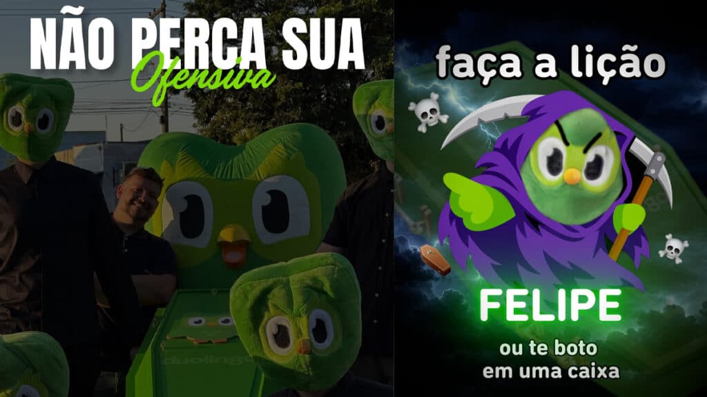Arte promocional do Duolingo com personagens verdes em caixão; texto “NÃO PERCA SUA Ofensiva” e “faça a lição”.