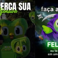 Arte promocional do Duolingo com personagens verdes em caixão; texto “NÃO PERCA SUA Ofensiva” e “faça a lição”.