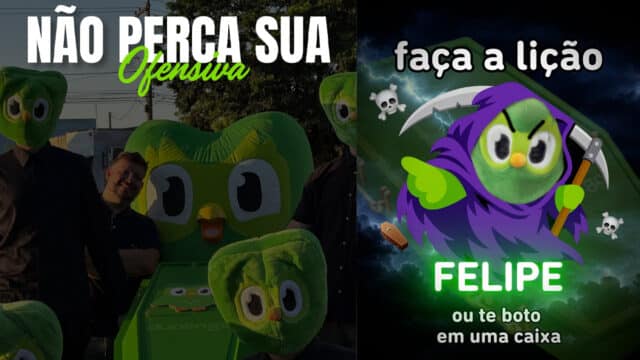 Arte promocional do Duolingo com personagens verdes em caixão; texto “NÃO PERCA SUA Ofensiva” e “faça a lição”.