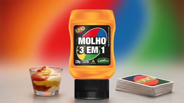 Embalagem do Molho 3 em 1 UNO da Cepêra com maionese, mostarda e ketchup, 330g, ao lado de um copo com molho