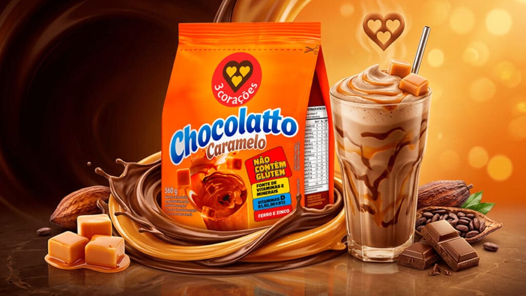 Embalagem do Chocolatto Caramelo 3 Corações, com copo de bebida caramelizada e ingredientes na mesa